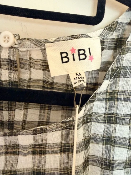 BiBi Olive and White Gingham Tiered Short-Sleeve Mini Dress - Picture 2 of 5